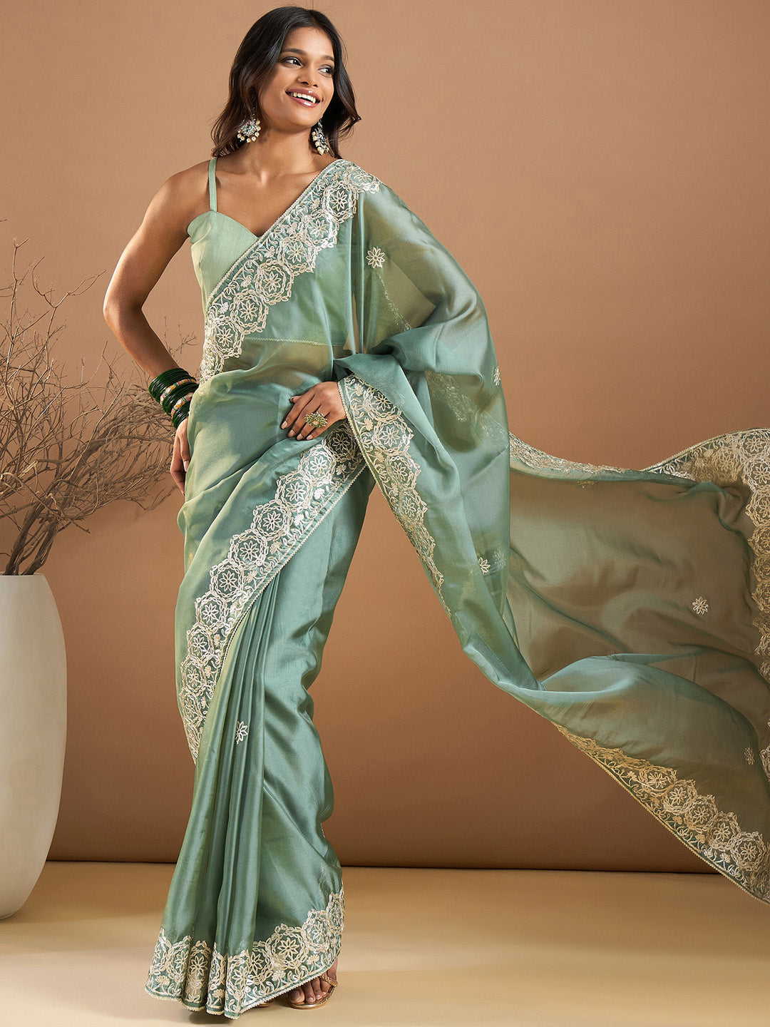 Organza Sea Green Embroidered Designer Saree With Blouse