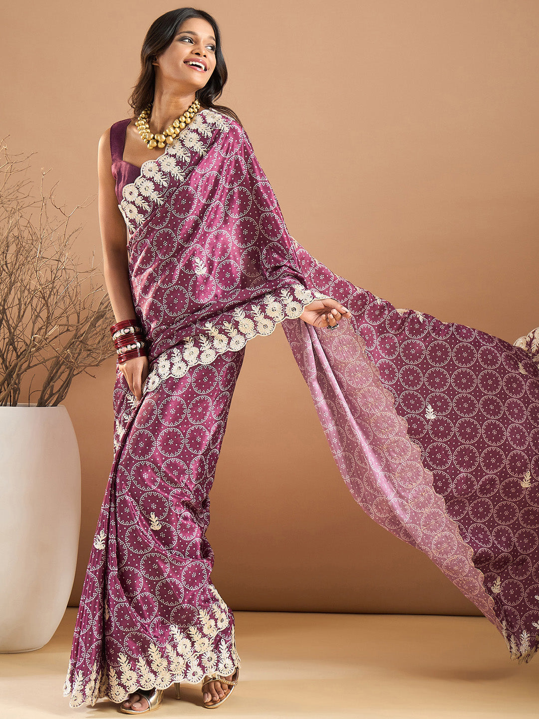 Chiffon Magenta Embroidered Designer Saree With Blouse