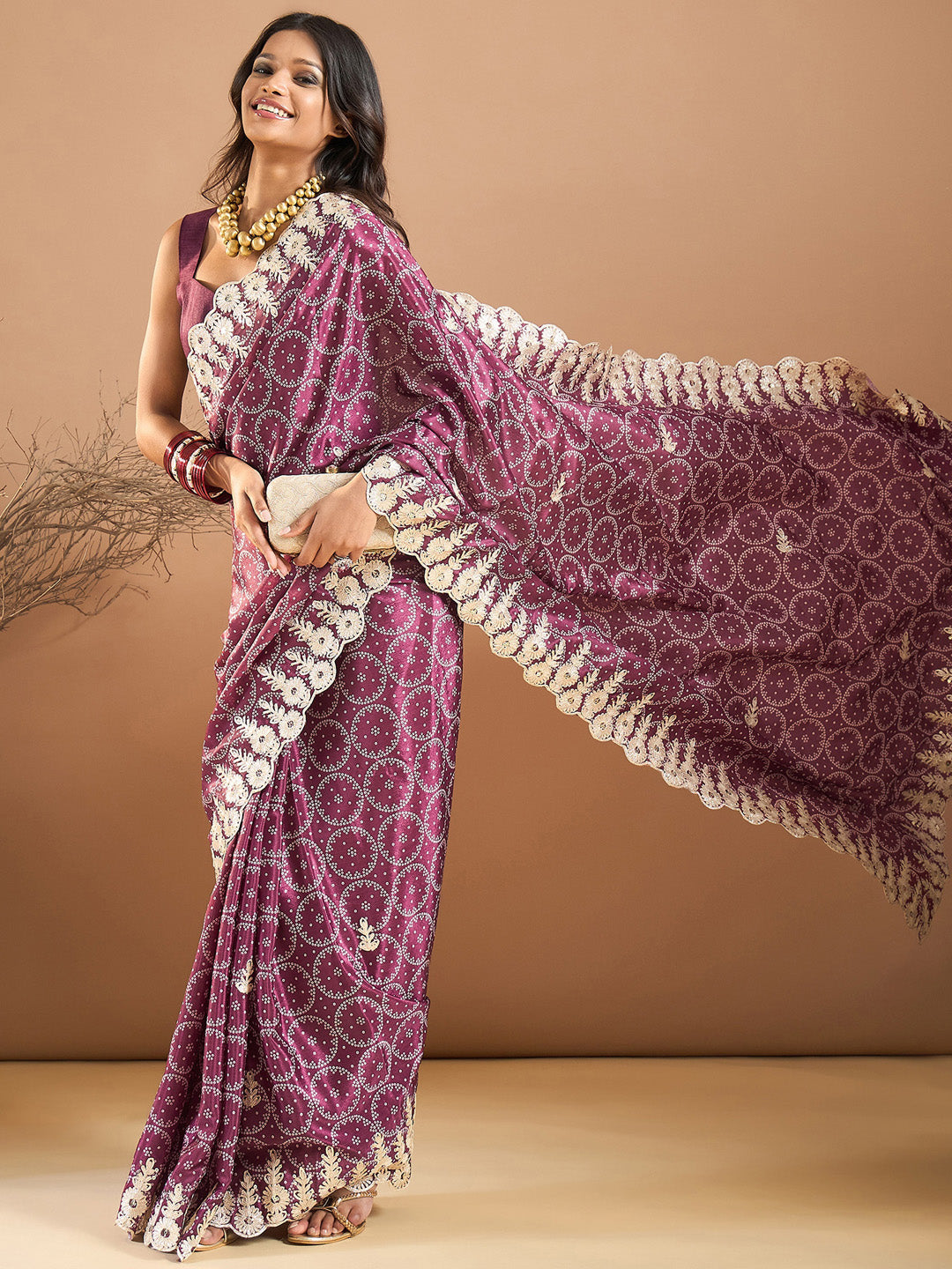 Chiffon Magenta Embroidered Designer Saree With Blouse