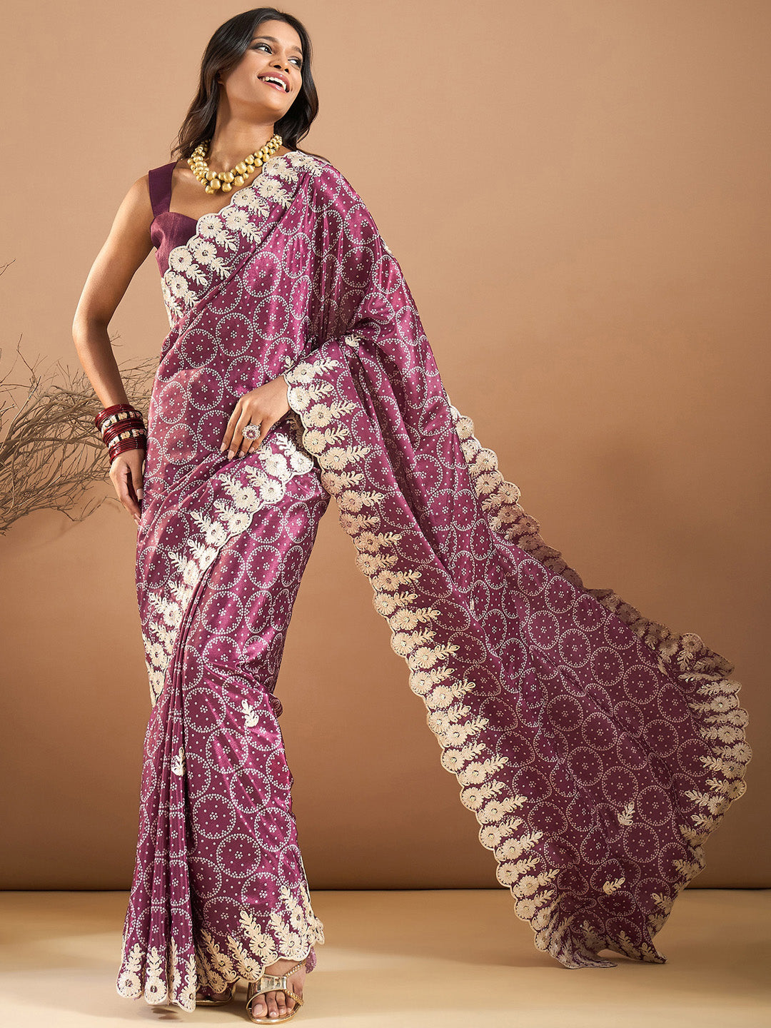 Chiffon Magenta Embroidered Designer Saree With Blouse