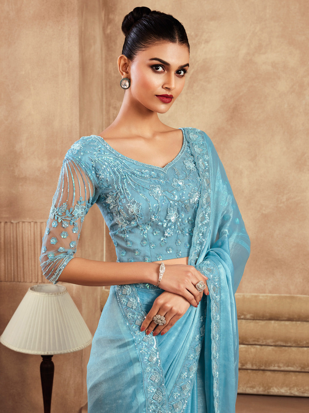 Chiffon Light Blue Embellished Designer Saree With Blouse