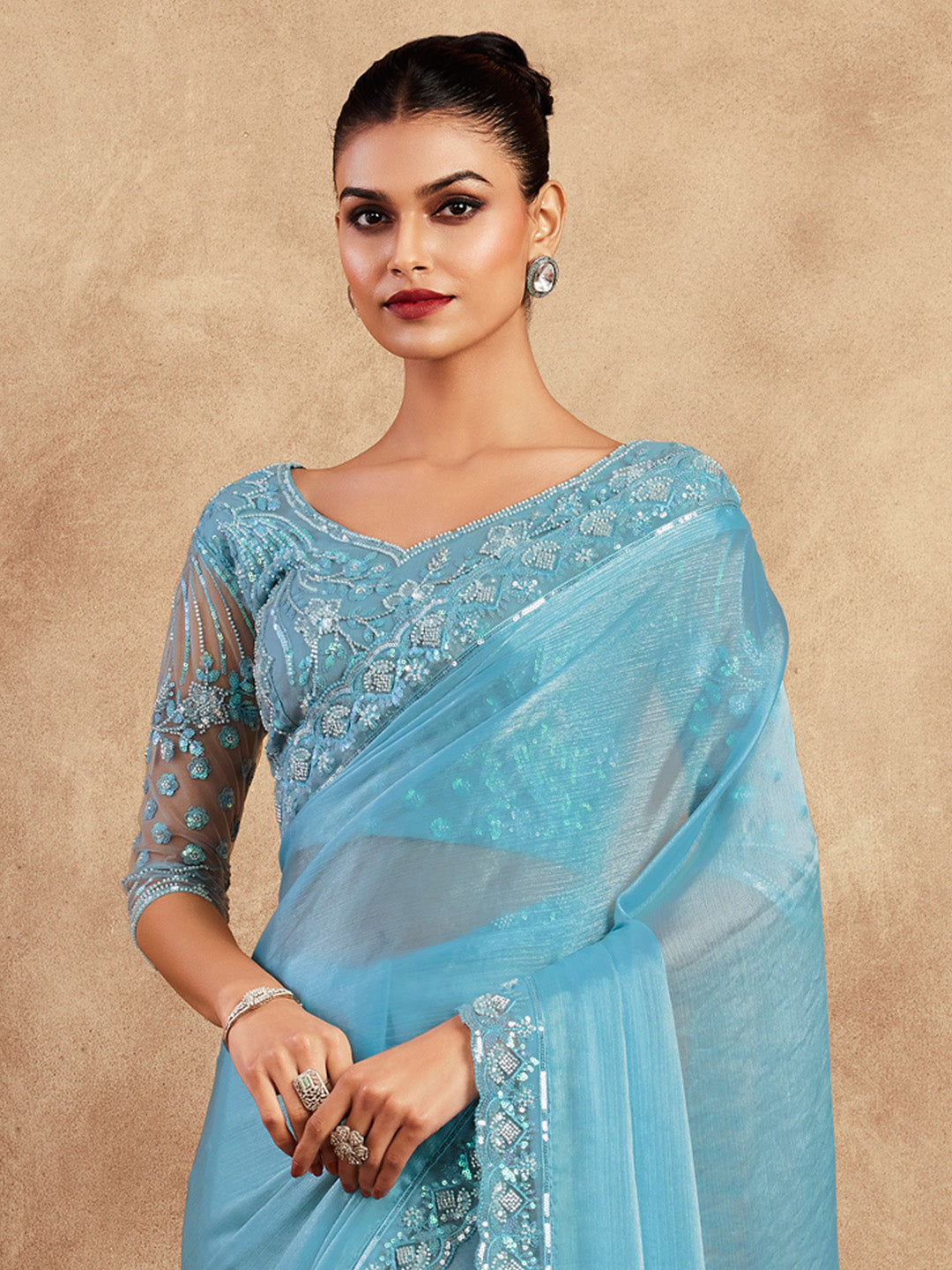 Chiffon Light Blue Embellished Designer Saree With Blouse