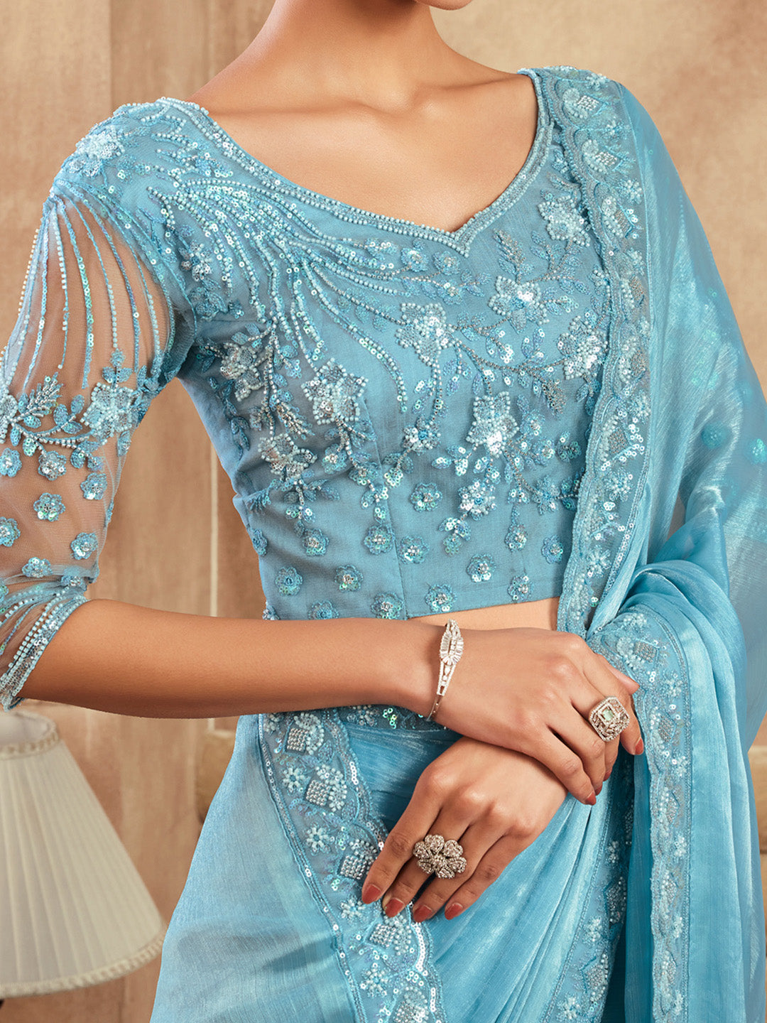 Chiffon Light Blue Embellished Designer Saree With Blouse