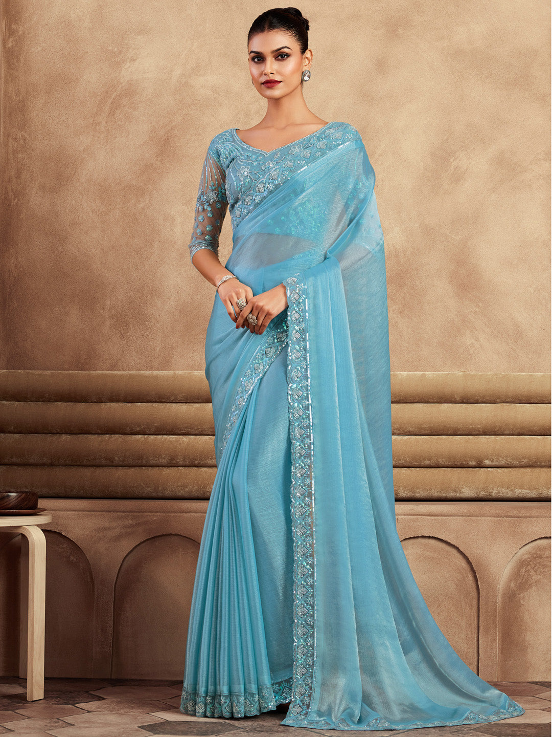 Chiffon Light Blue Embellished Designer Saree With Blouse