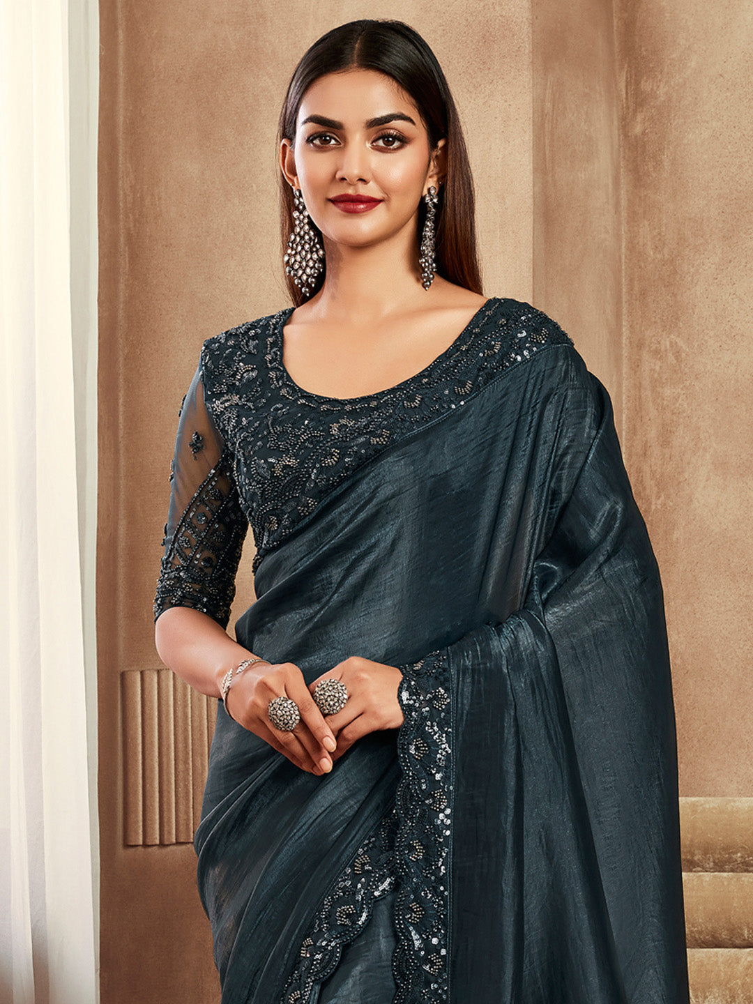 Satin Silk Black Embellished Designer Saree With Blouse