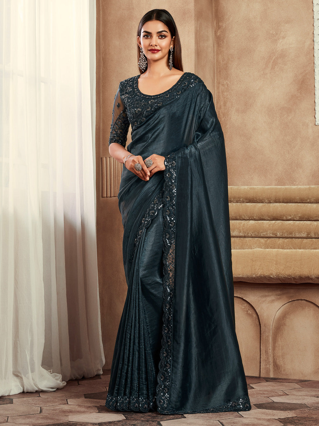 Satin Silk Black Embellished Designer Saree With Blouse