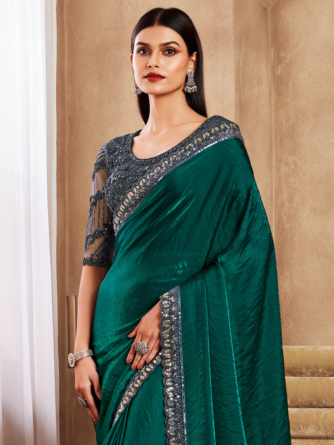 Satin Silk Green Embellished Designer Saree With Blouse