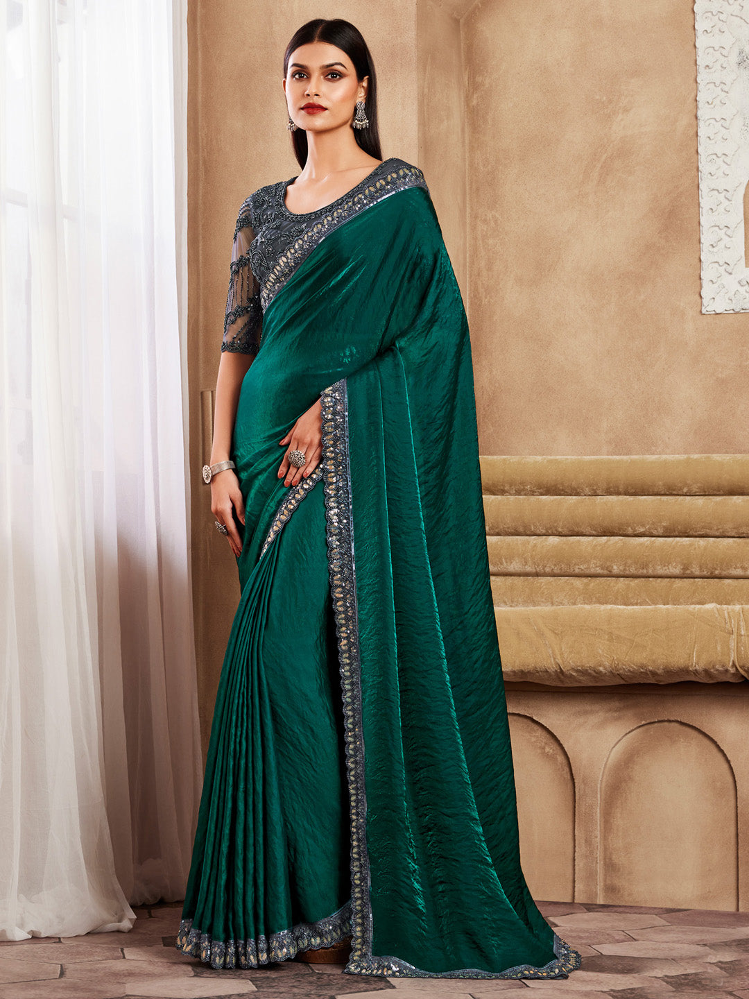 Satin Silk Green Embellished Designer Saree With Blouse