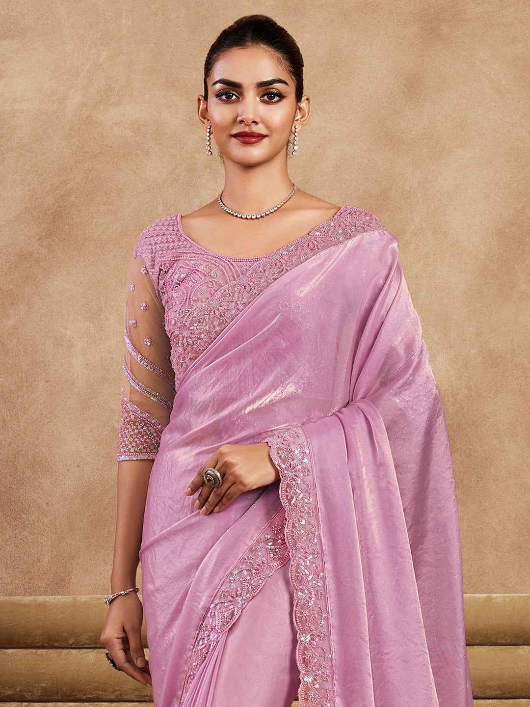 Satin Silk Pink Embellished Designer Saree With Blouse