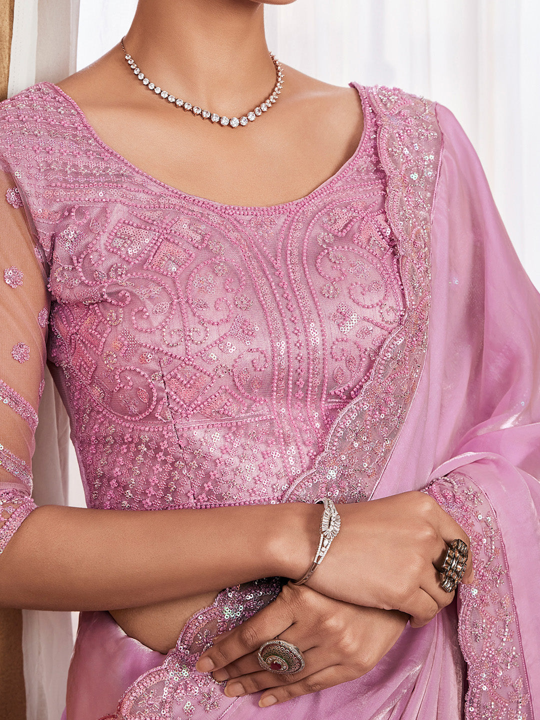 Satin Silk Pink Embellished Designer Saree With Blouse