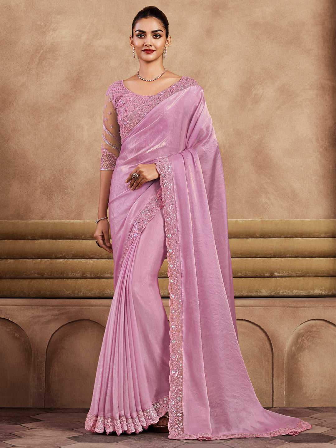 Satin Silk Pink Embellished Designer Saree With Blouse