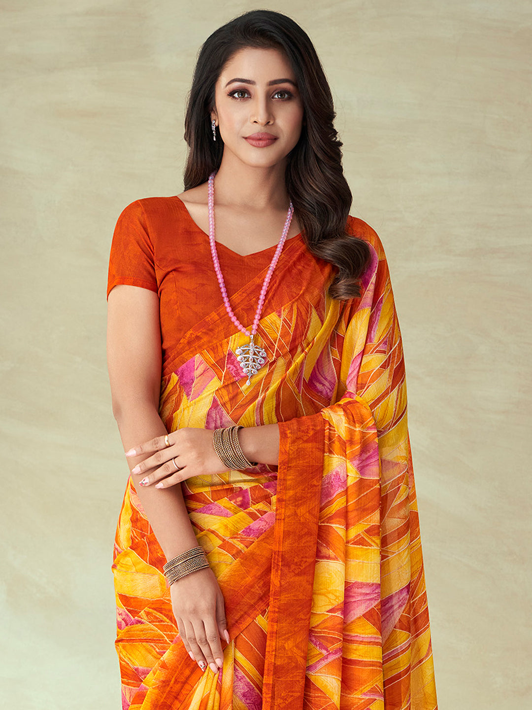 Chiffon Yellow Printed Designer Saree With Blouse