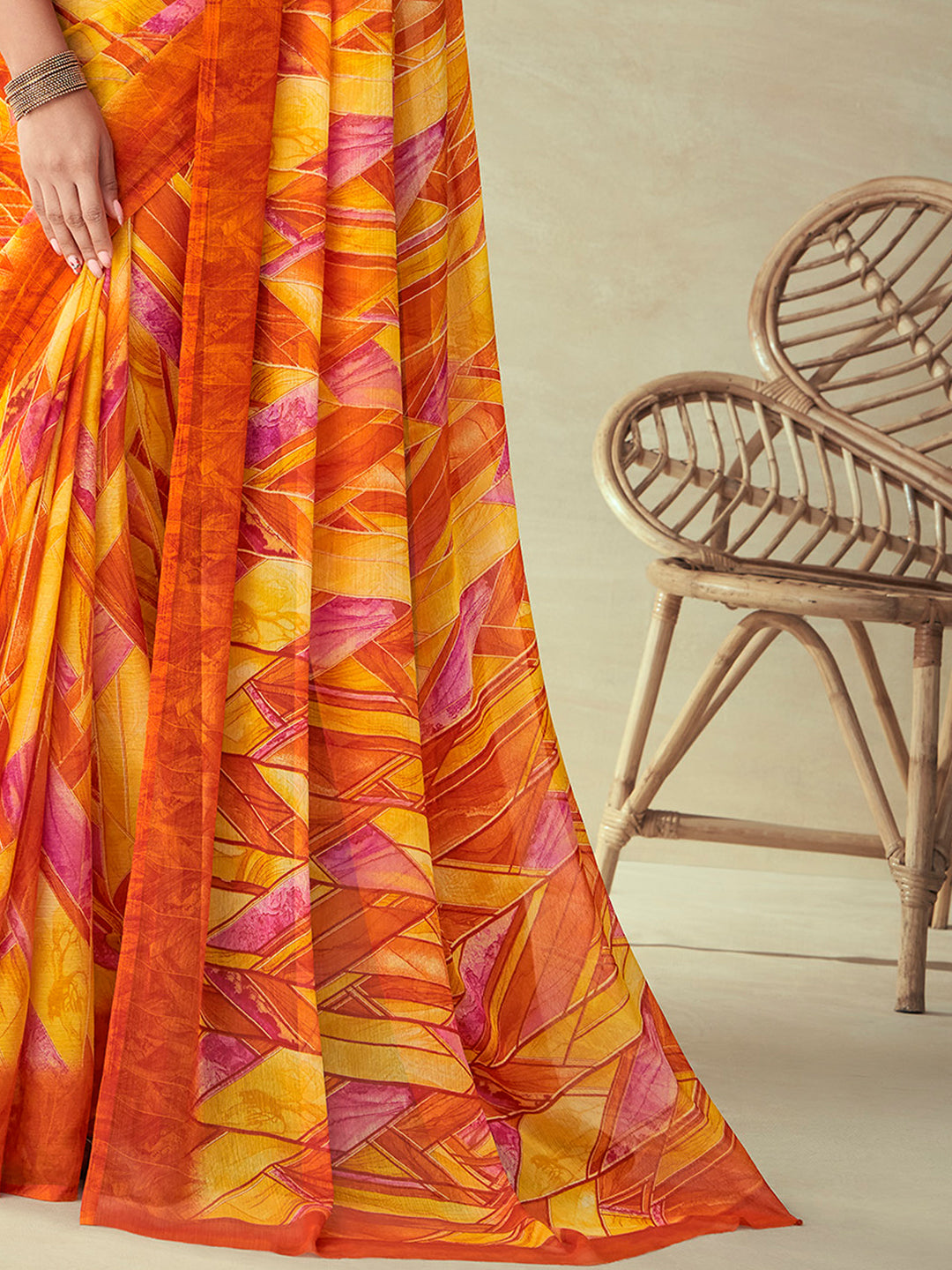 Chiffon Yellow Printed Designer Saree With Blouse