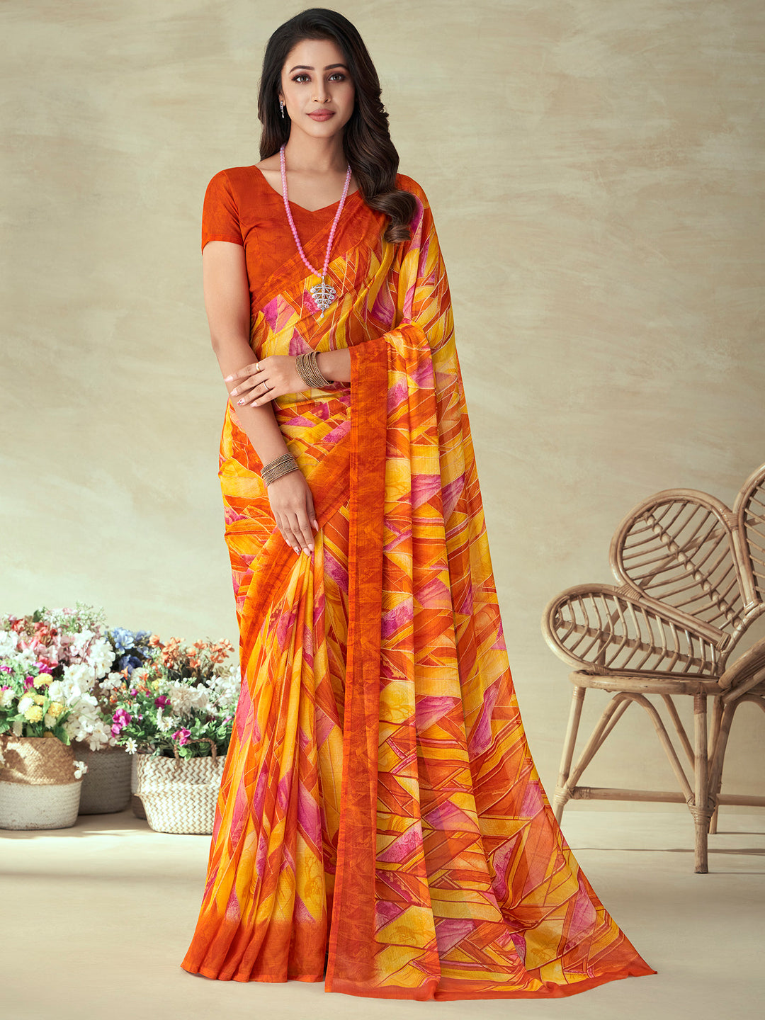 Chiffon Yellow Printed Designer Saree With Blouse