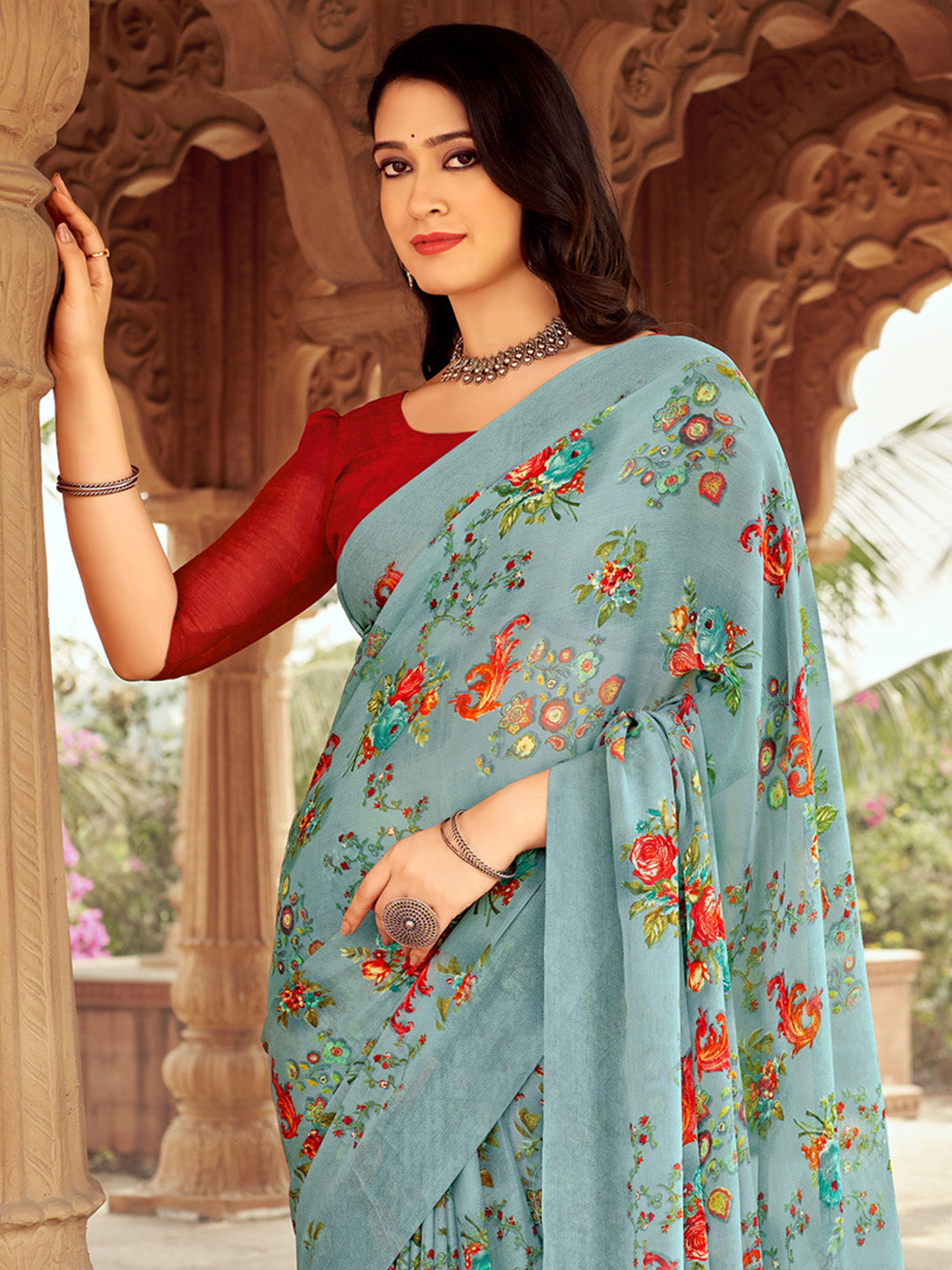 Chiffon Grey Printed Designer Saree With Blouse