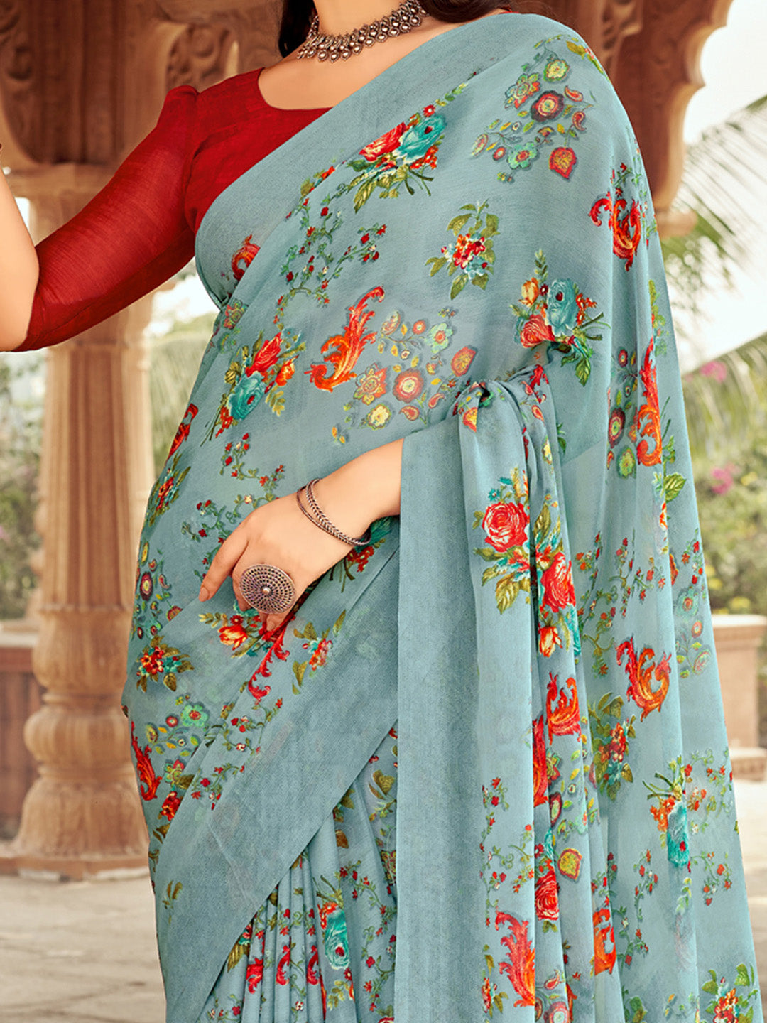 Chiffon Grey Printed Designer Saree With Blouse