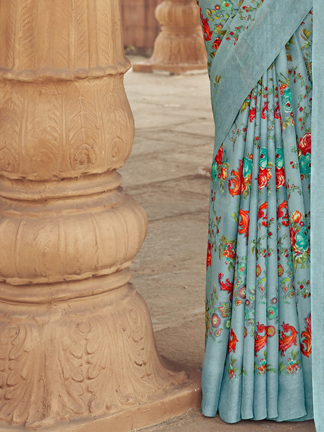 Chiffon Grey Printed Designer Saree With Blouse