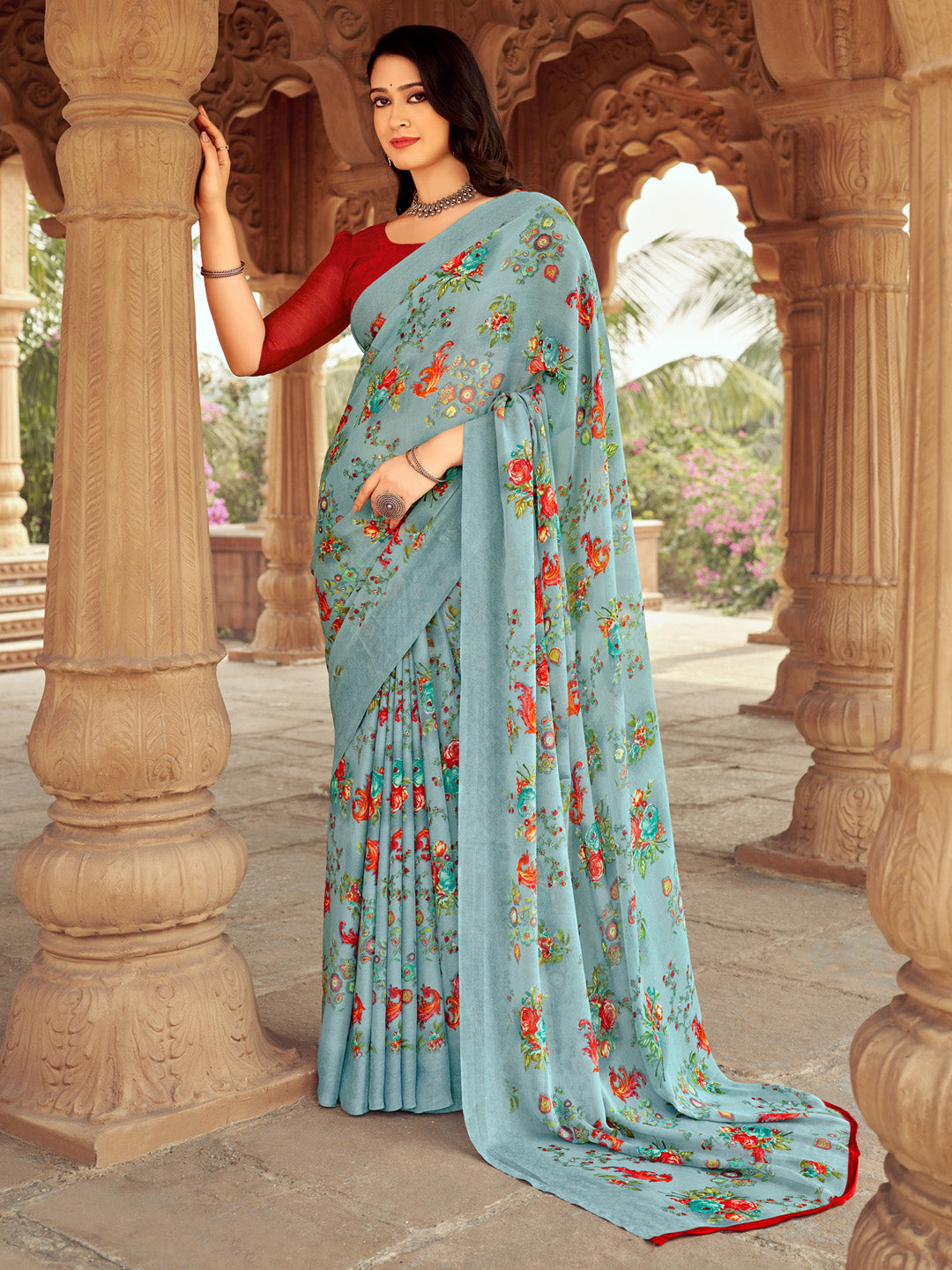 Chiffon Grey Printed Designer Saree With Blouse