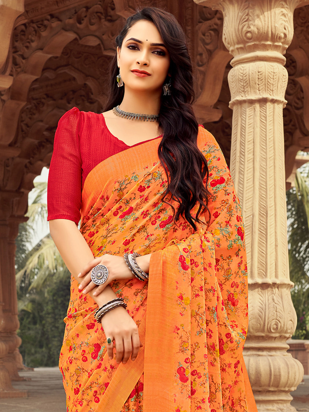 Chiffon Orange Printed Designer Saree With Blouse