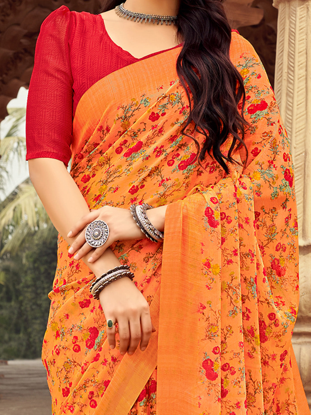 Chiffon Orange Printed Designer Saree With Blouse