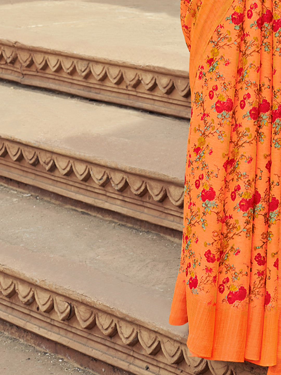 Chiffon Orange Printed Designer Saree With Blouse
