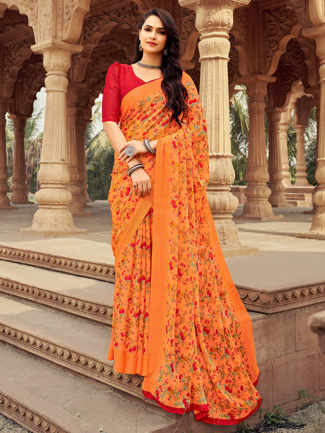 Chiffon Orange Printed Designer Saree With Blouse