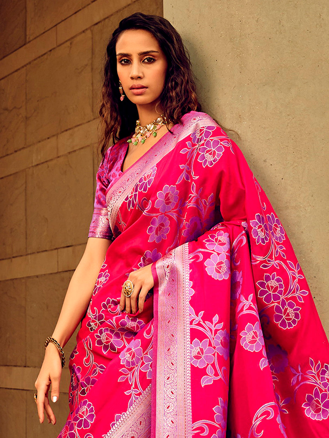 Satin Silk Pink Woven Design Designer Saree With Blouse