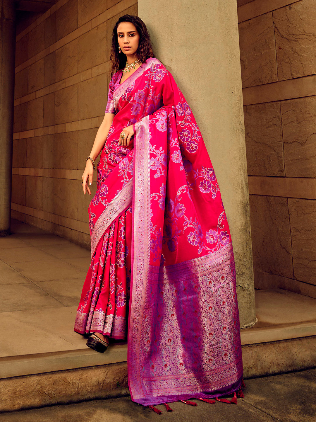 Satin Silk Pink Woven Design Designer Saree With Blouse