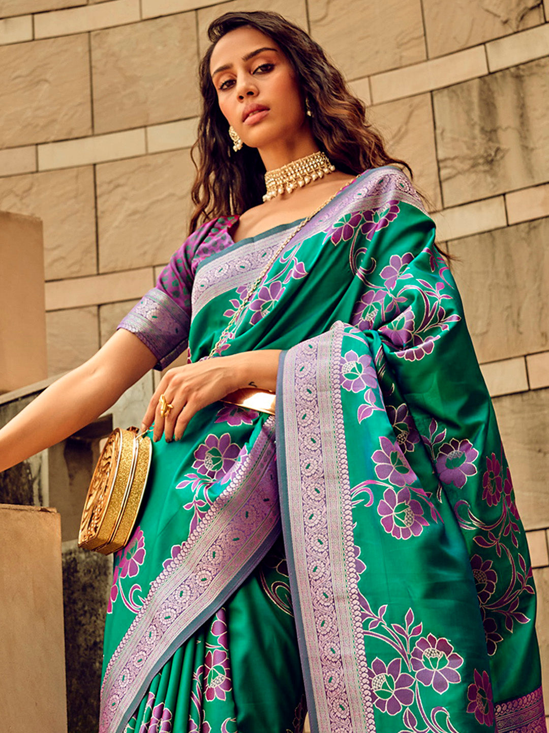 Satin Silk Teal green Woven Design Designer Saree With Blouse