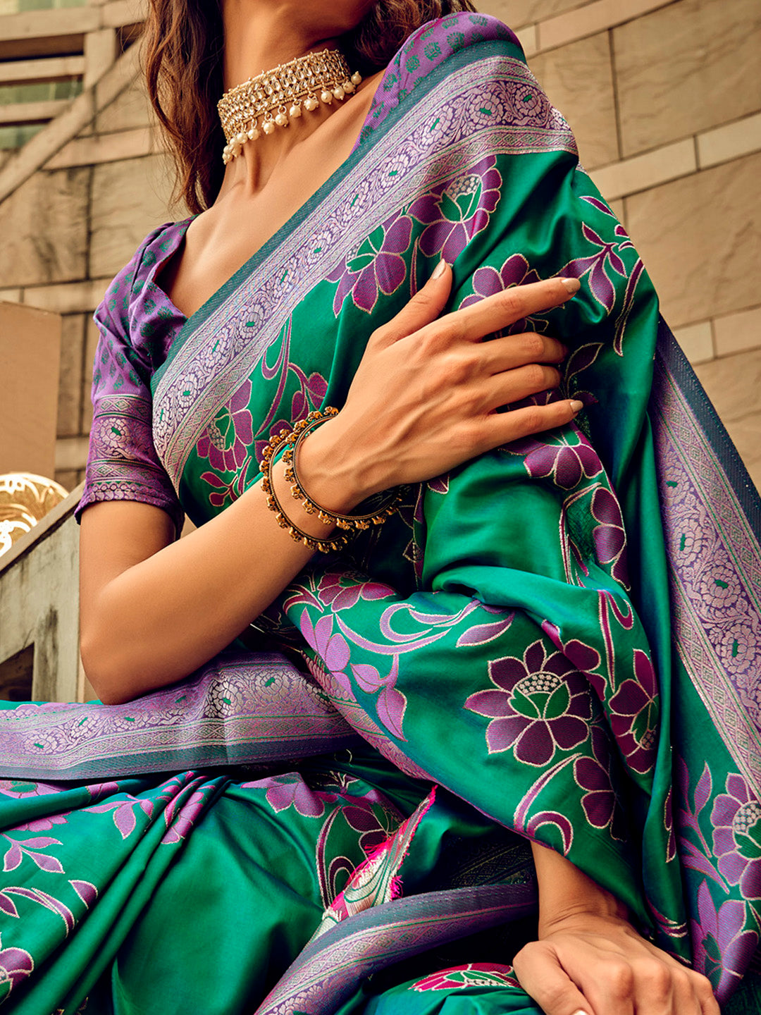 Satin Silk Teal green Woven Design Designer Saree With Blouse