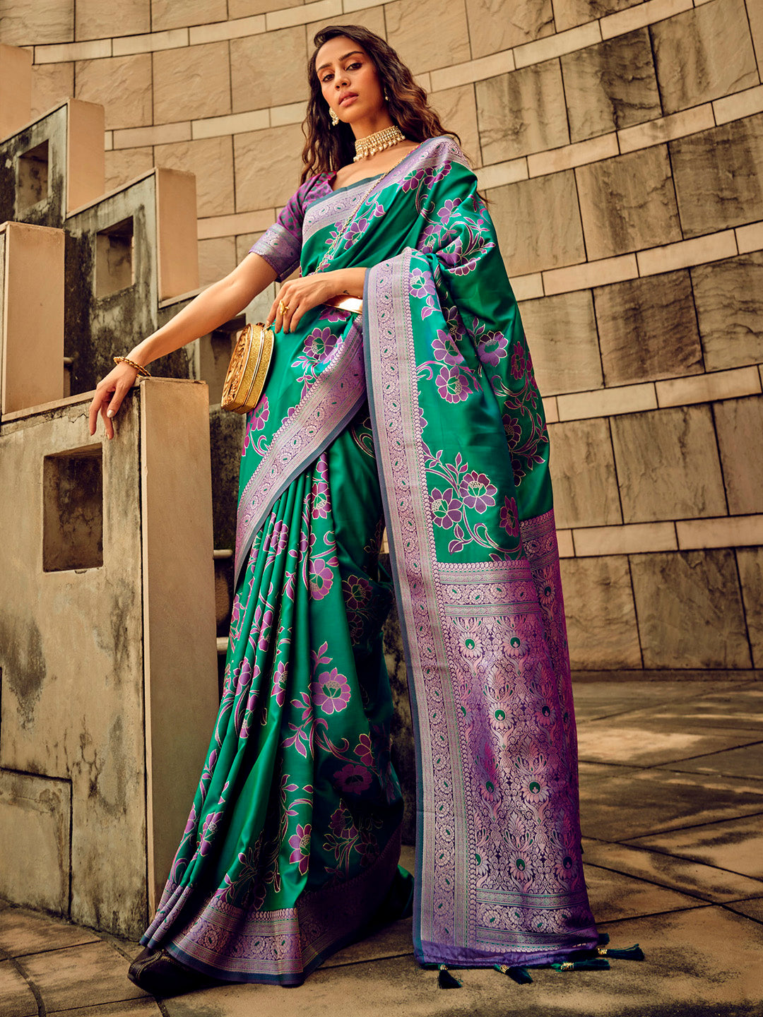 Satin Silk Teal green Woven Design Designer Saree With Blouse