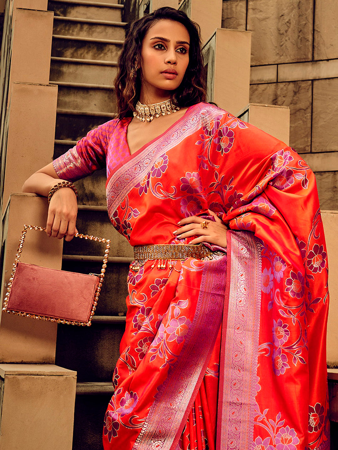 Satin Silk Red Woven Design Designer Saree With Blouse