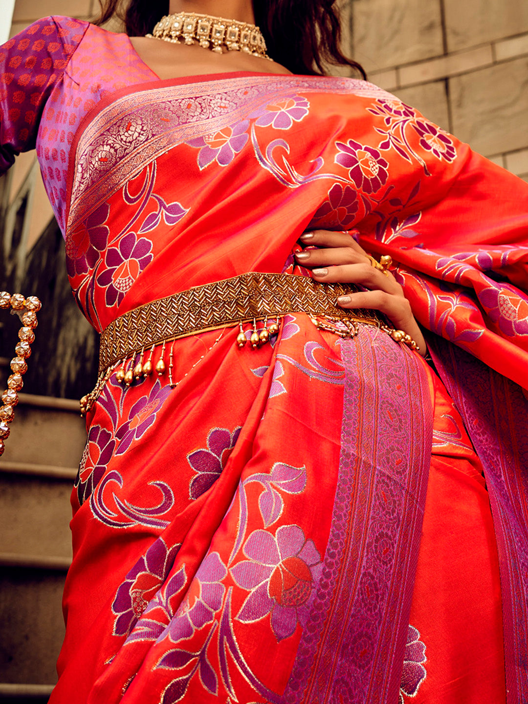 Satin Silk Red Woven Design Designer Saree With Blouse