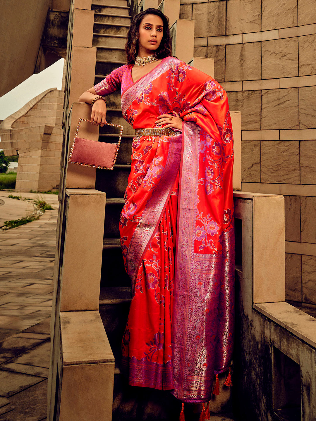 Satin Silk Red Woven Design Designer Saree With Blouse