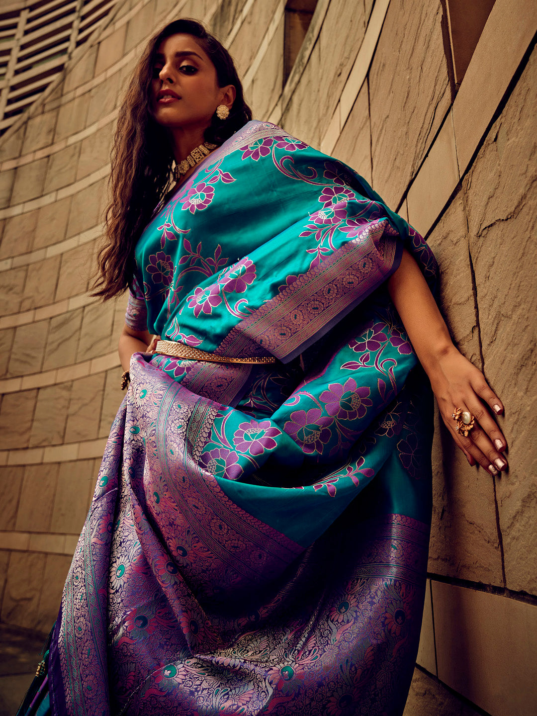 Satin Silk Teal blue Woven Design Designer Saree With Blouse