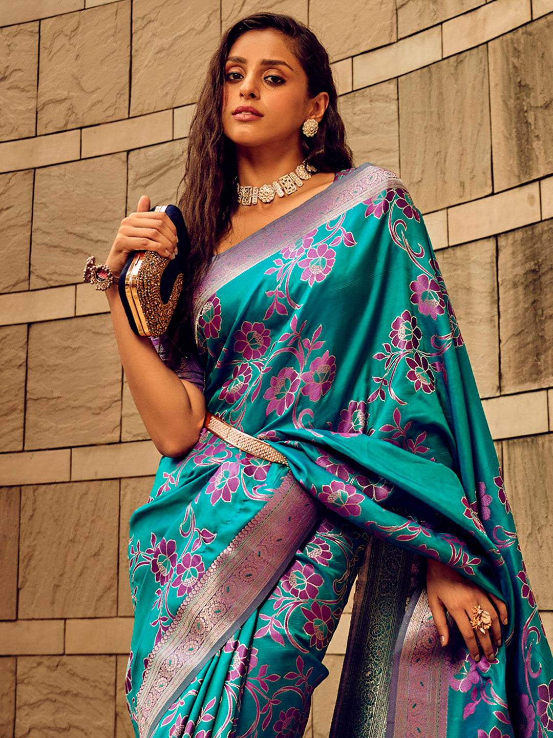 Satin Silk Teal blue Woven Design Designer Saree With Blouse