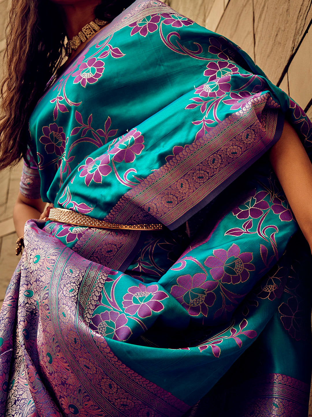 Satin Silk Teal blue Woven Design Designer Saree With Blouse