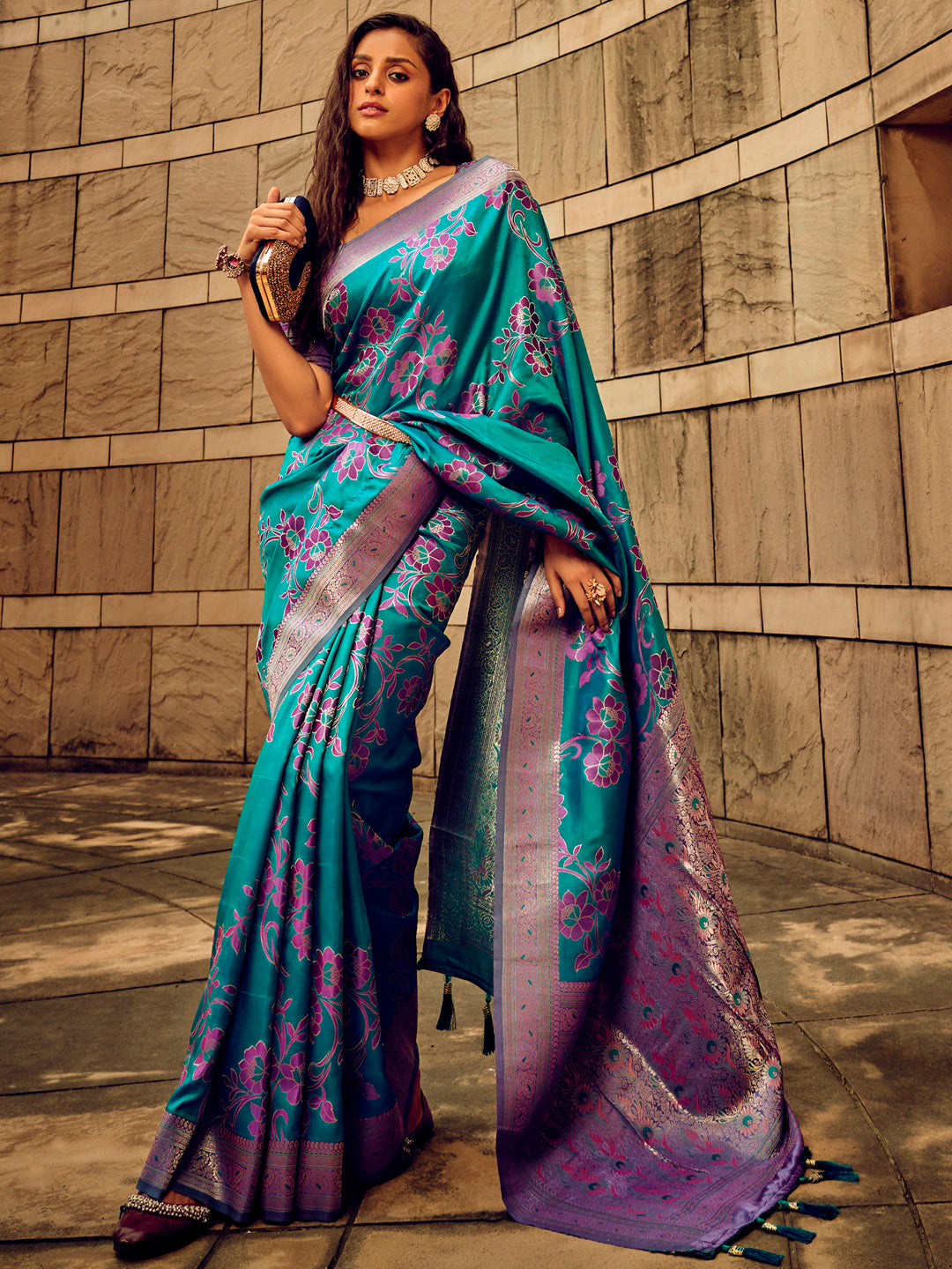 Satin Silk Teal blue Woven Design Designer Saree With Blouse