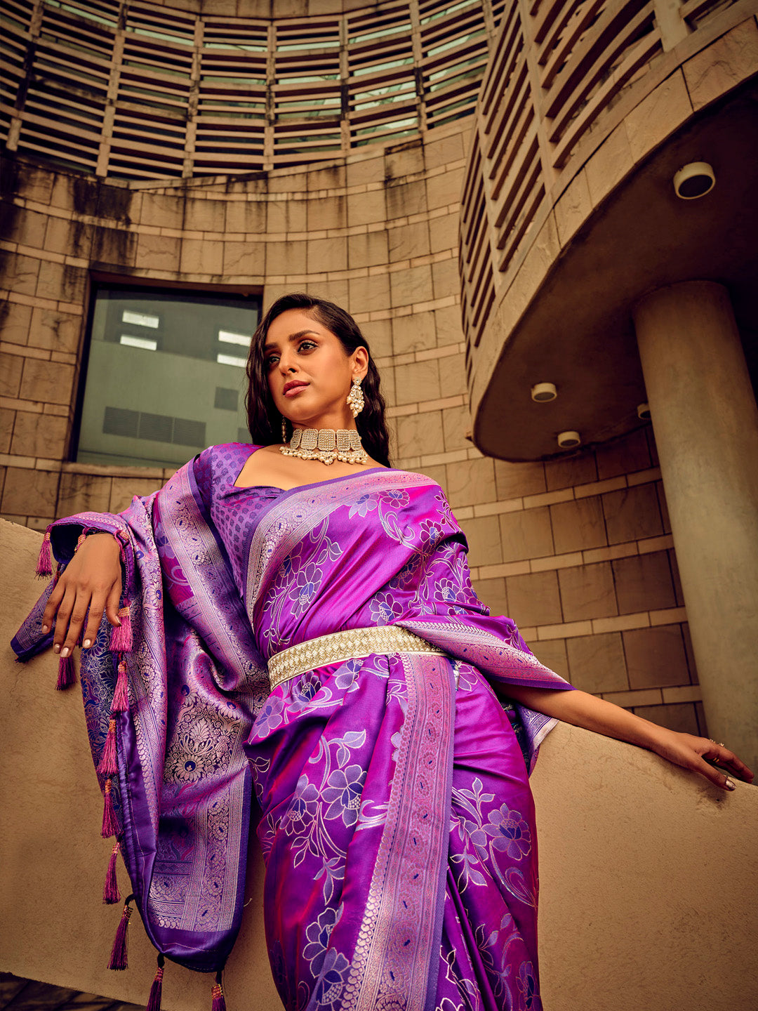 Satin Silk Magenta Woven Design Designer Saree With Blouse