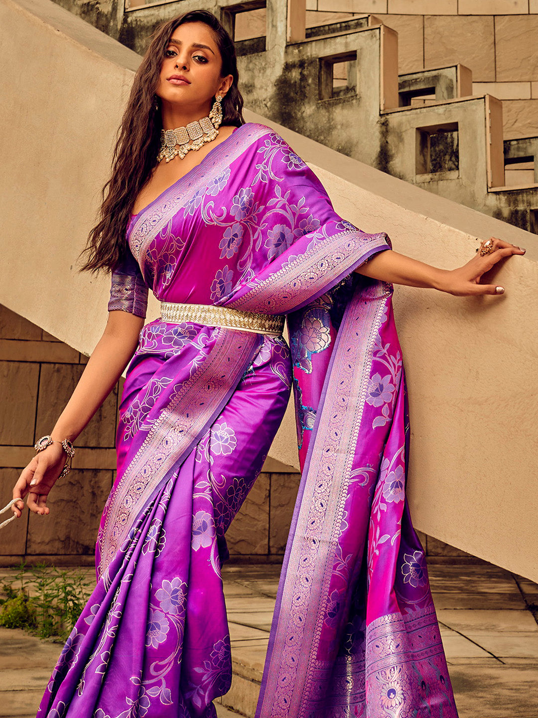 Satin Silk Magenta Woven Design Designer Saree With Blouse