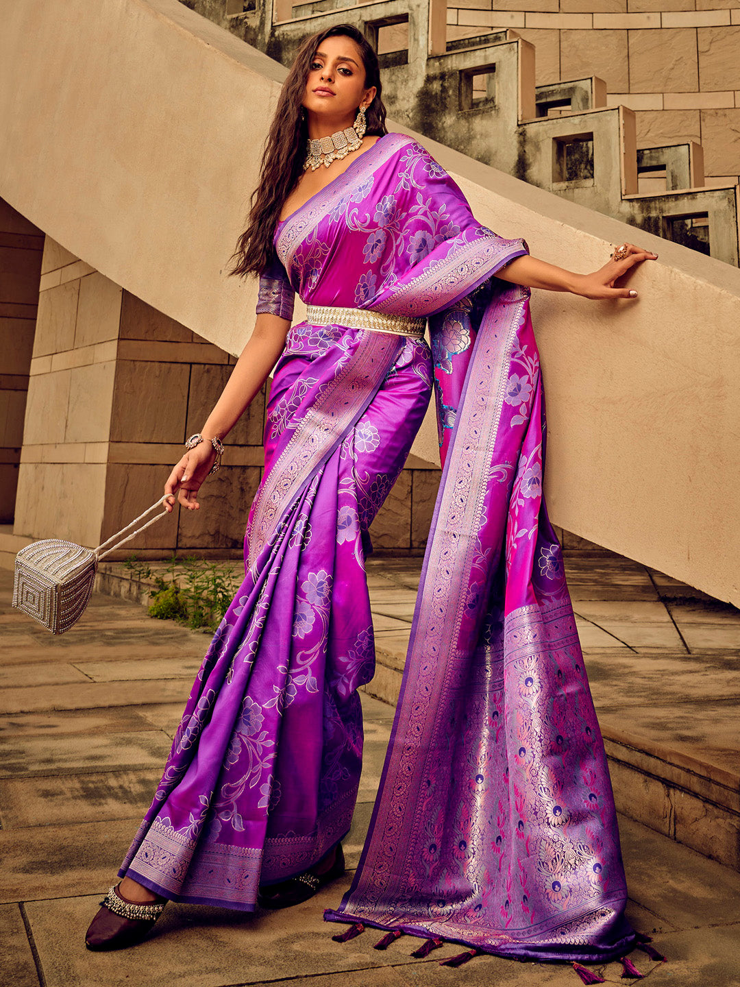 Satin Silk Magenta Woven Design Designer Saree With Blouse