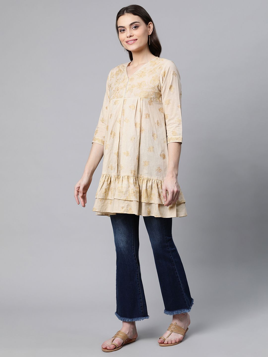 Beige & Gold Cotton Printed Tunic