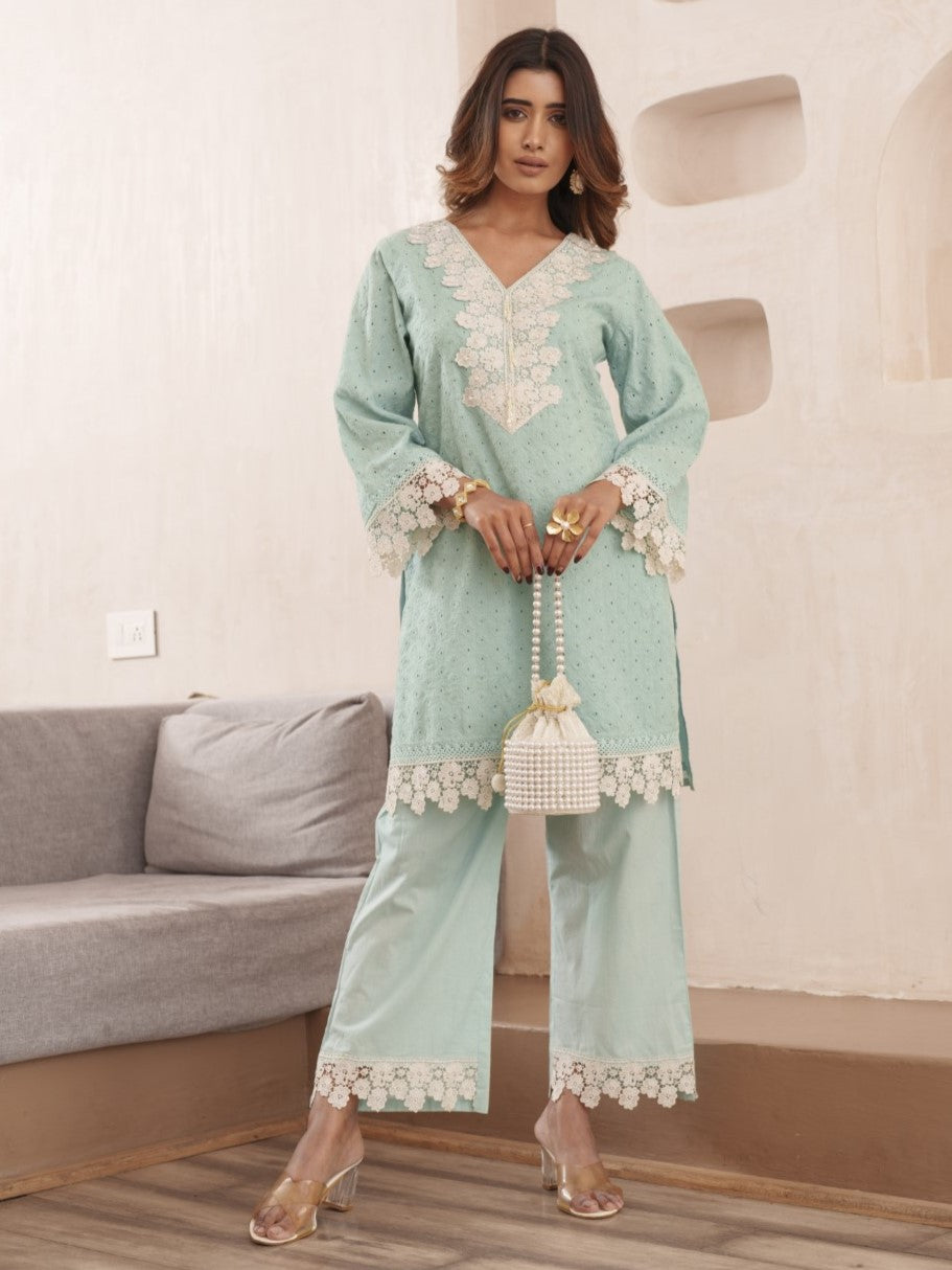 Subarna softblue Cotton Shchiffli Co-ord Set