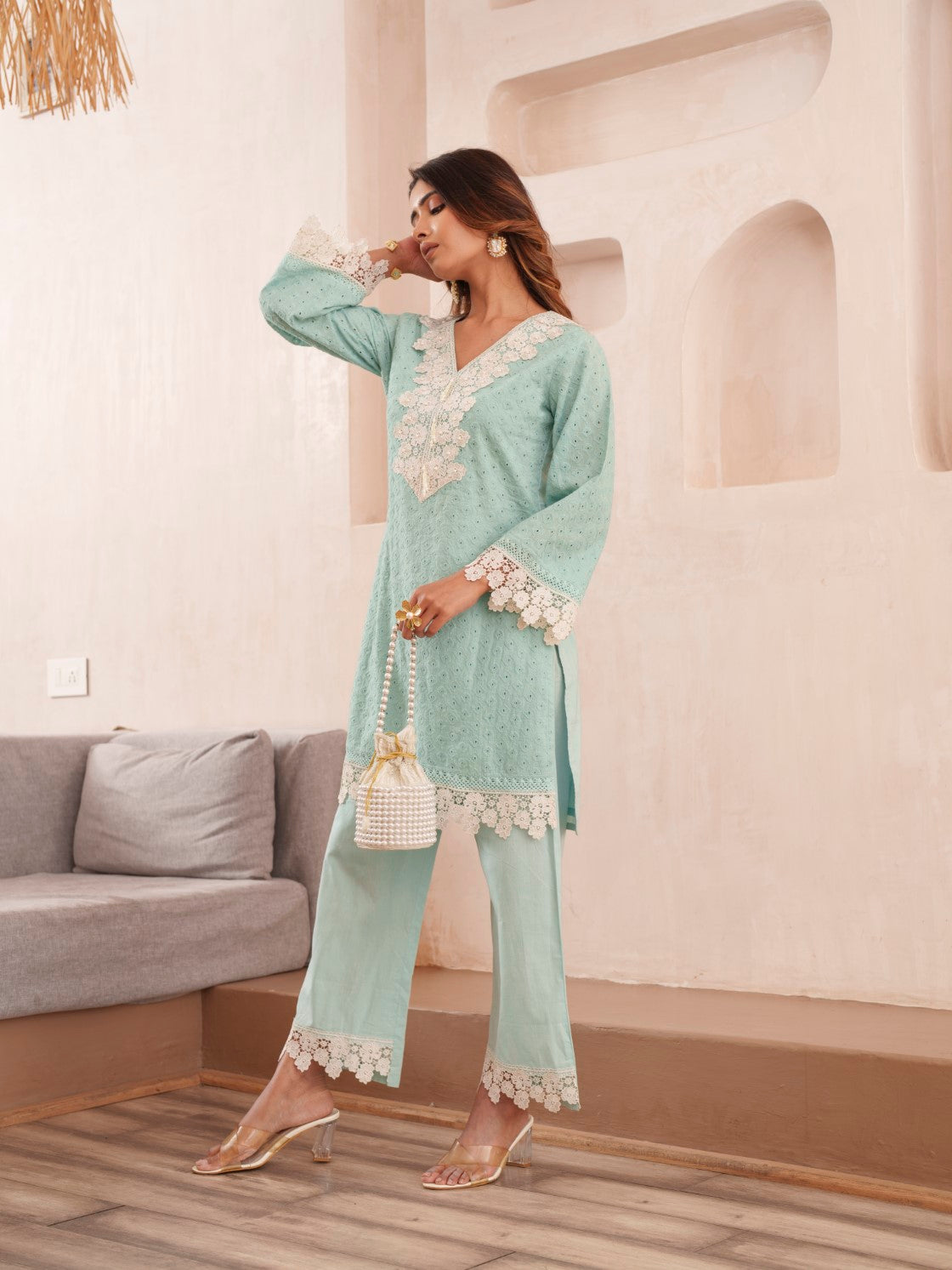 Subarna softblue Cotton Shchiffli Co-ord Set