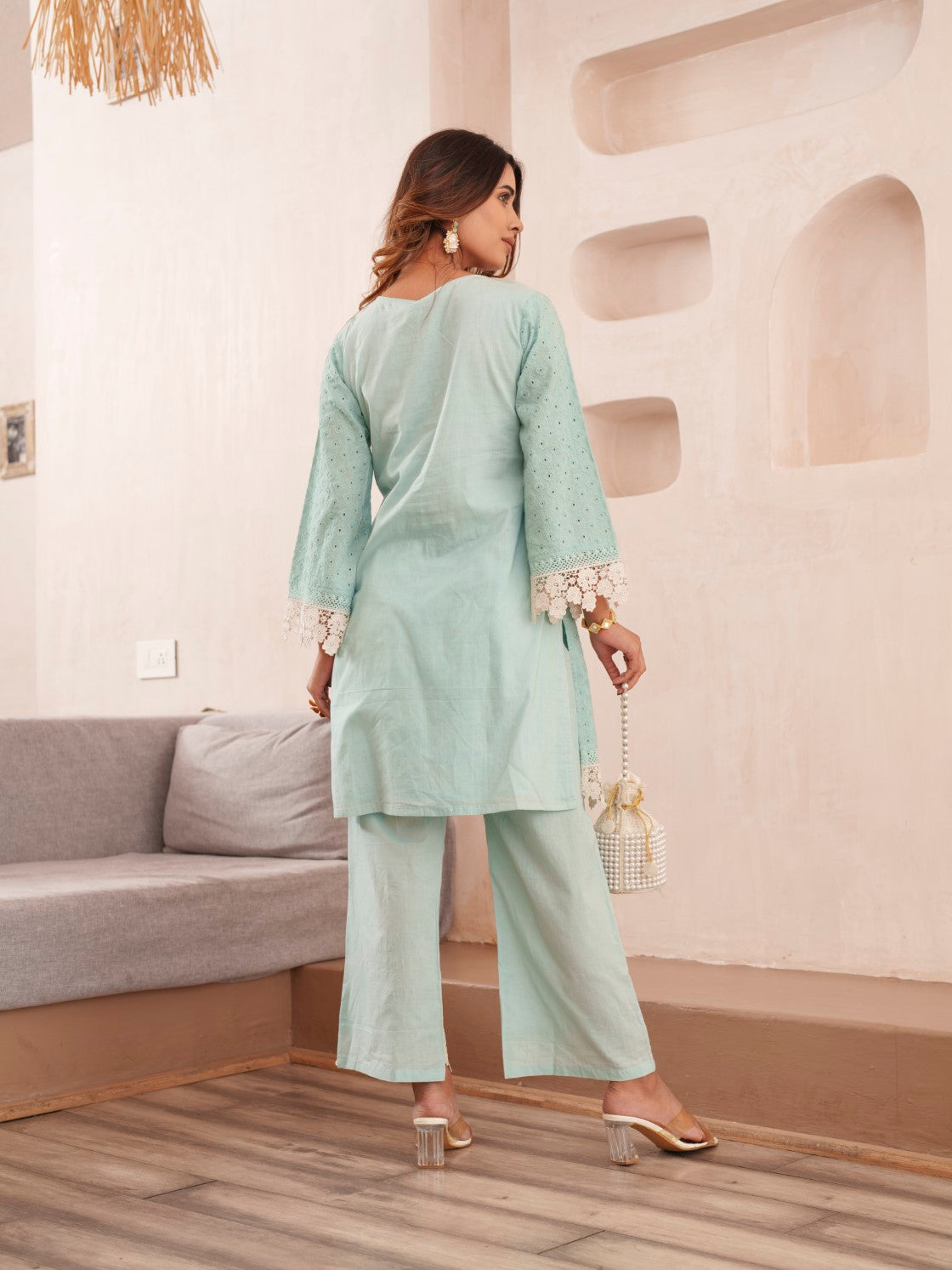 Subarna softblue Cotton Shchiffli Co-ord Set