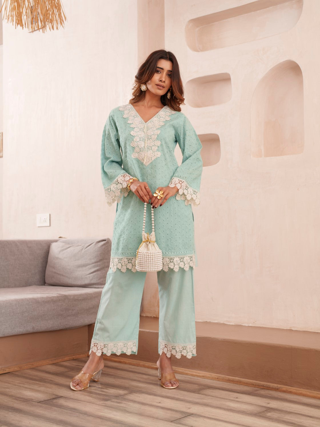 Subarna softblue Cotton Shchiffli Co-ord Set