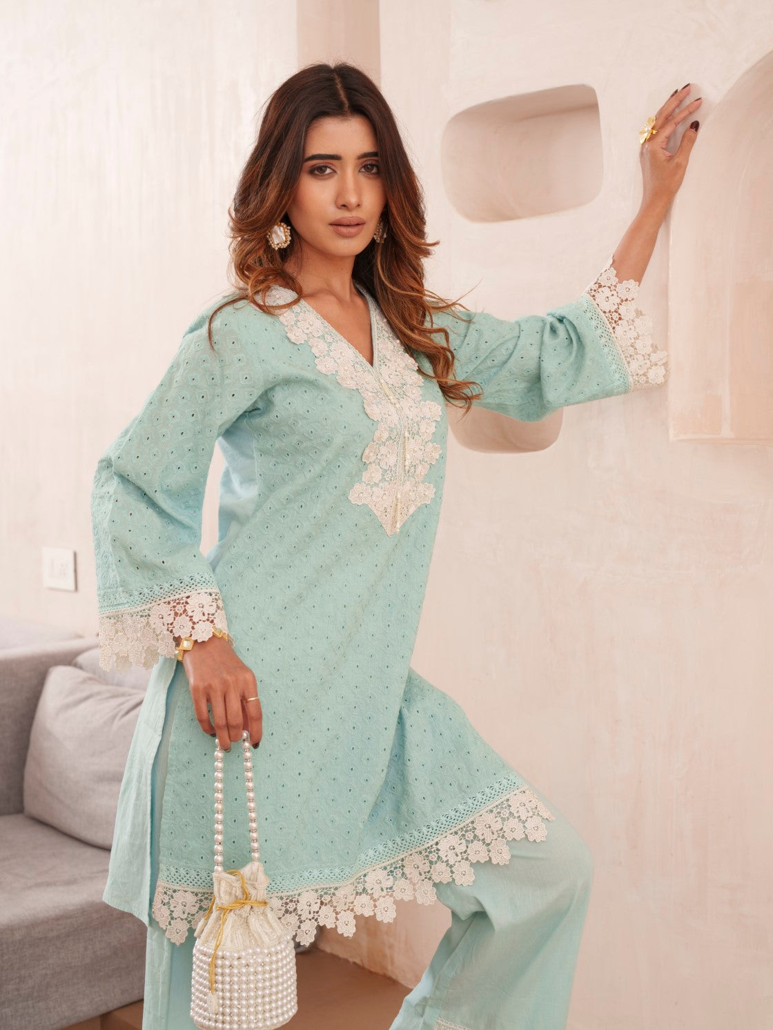 Subarna softblue Cotton Shchiffli Co-ord Set