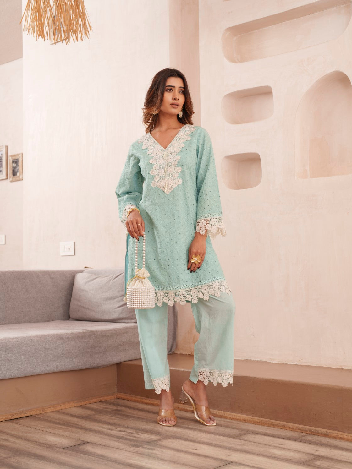 Subarna softblue Cotton Shchiffli Co-ord Set
