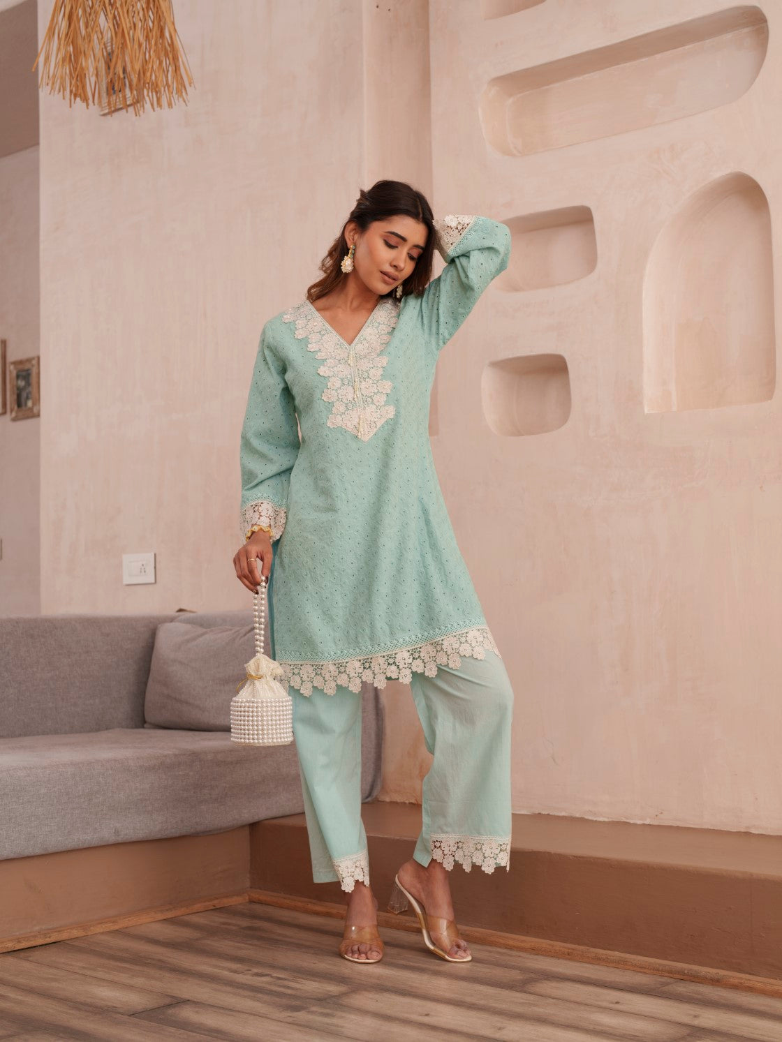 Subarna softblue Cotton Shchiffli Co-ord Set