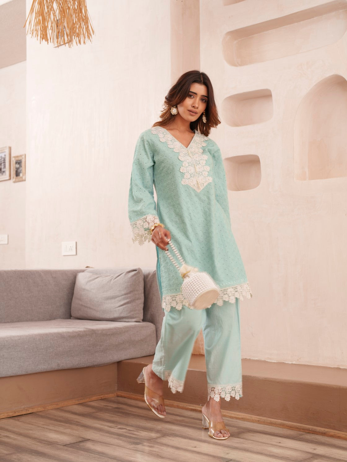 Subarna softblue Cotton Shchiffli Co-ord Set